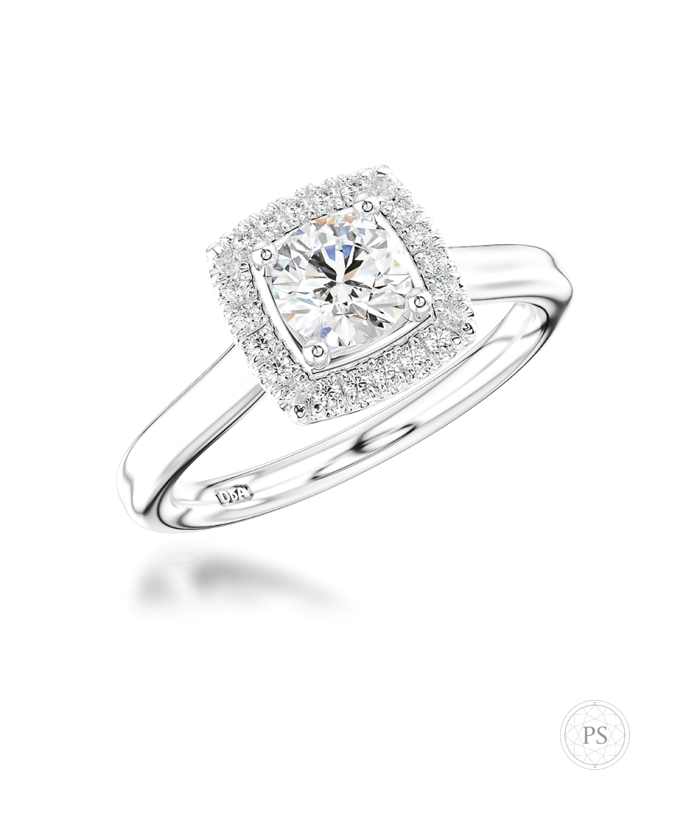 0.50ct Diamond Cushion Halo Ring with Plain Shoulders
