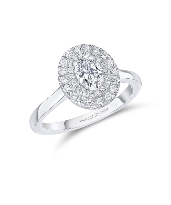 0.50ct Oval Cut Illusion Set Diamond Halo Ring with plain shoulders - Phillip Stoner The Jeweller