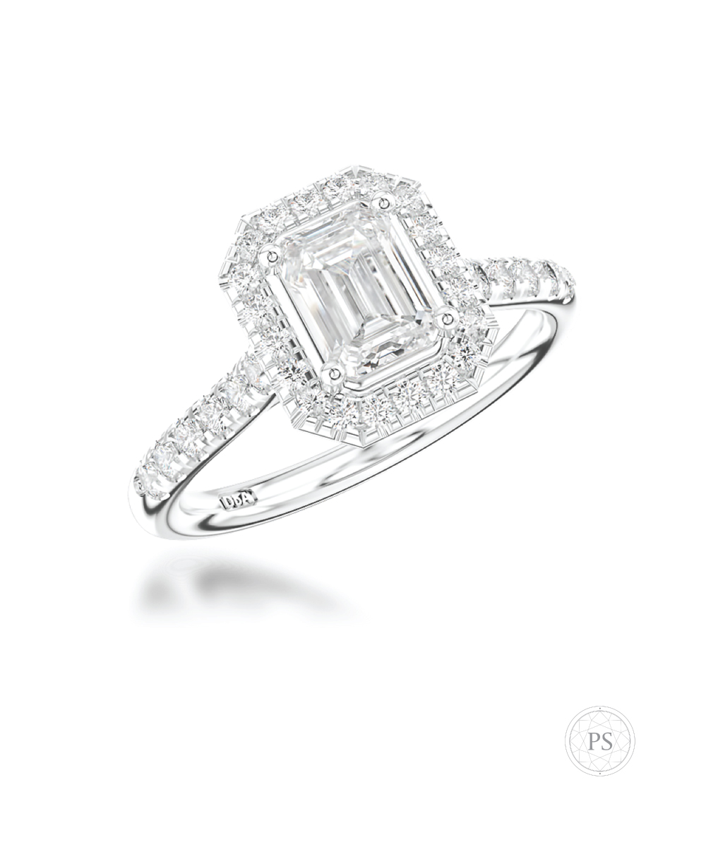 0.70ct G VVS2 Emerald Cut Diamond Halo Ring - Phillip Stoner The Jeweller