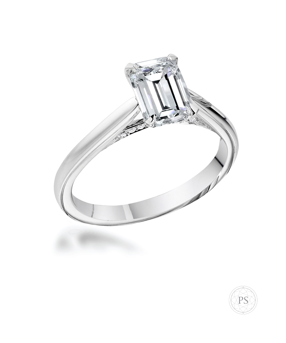 0.70ct Emerald Cut Diamond Solitaire Engagement Ring with Diamond Bridge