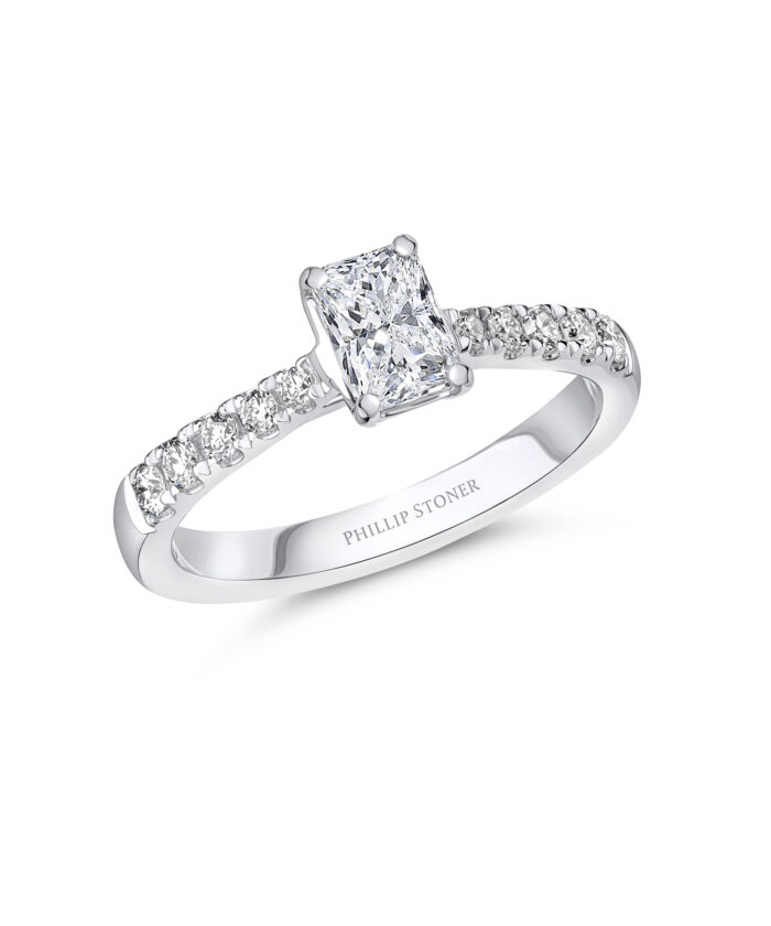 0.70ct Radiant Cut Diamond Solitaire Ring with Scallop Set Shoulders