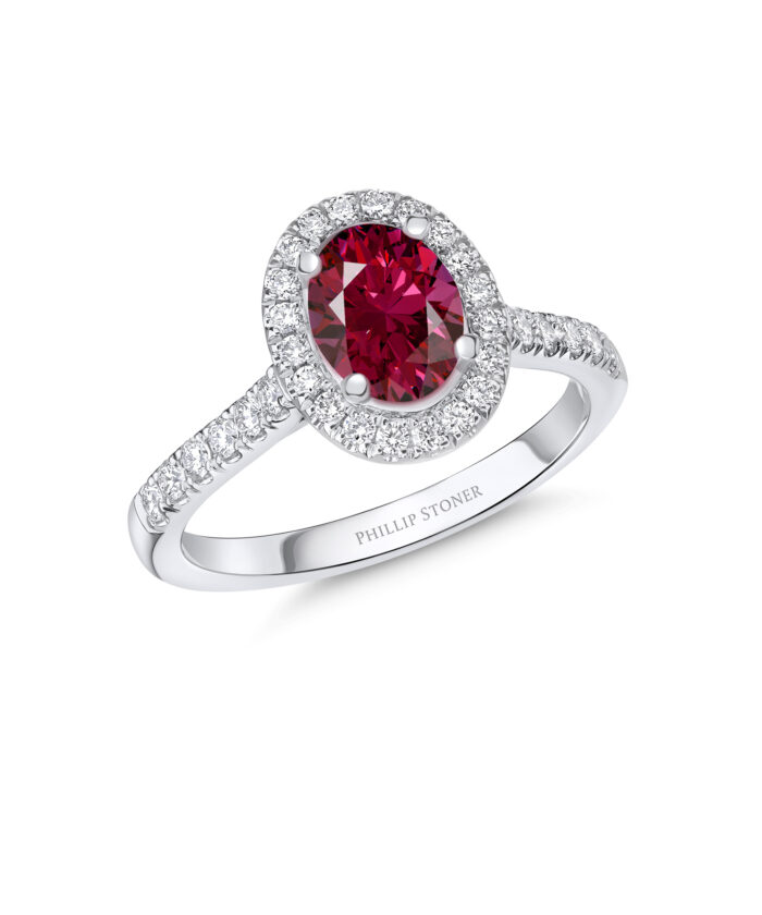 1.55ct Oval Cut Ruby & Diamond Cluster Engagement Ring - Phillip Stoner The Jeweller