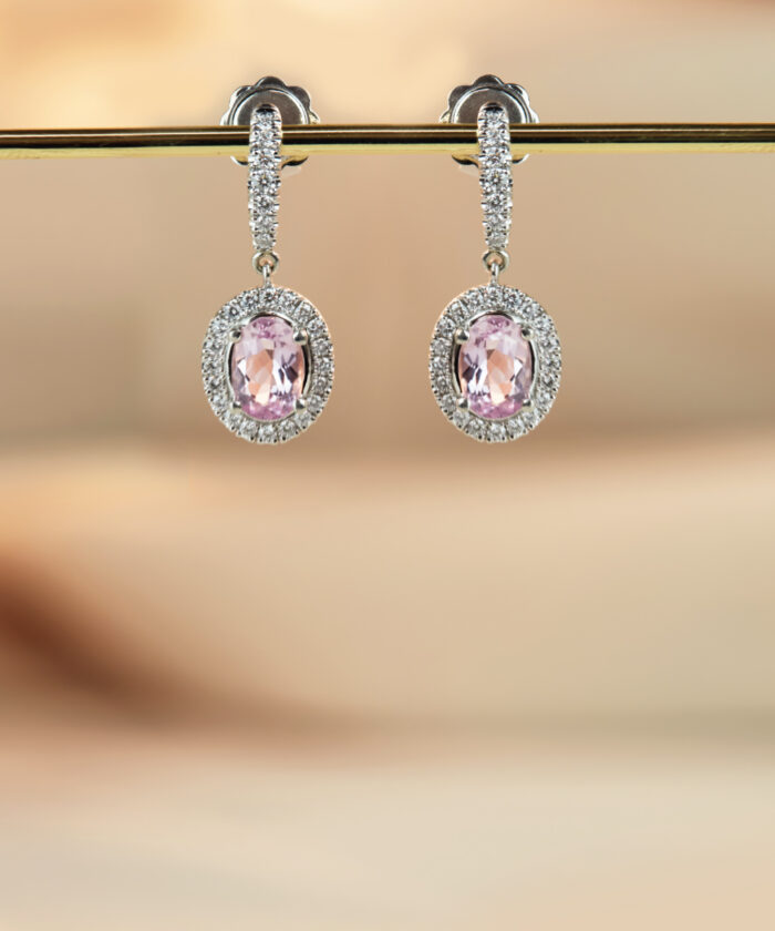 18ct White Gold Pink Tourmaline & Diamond Halo Earrings