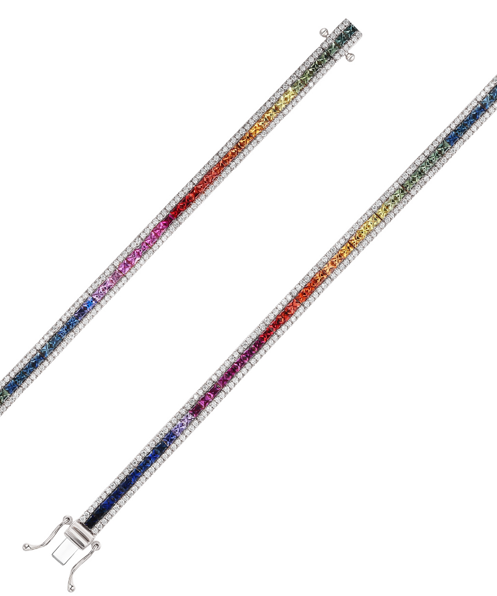 18ct White Gold Rainbow Sapphire DIamond Tennis Bracelet