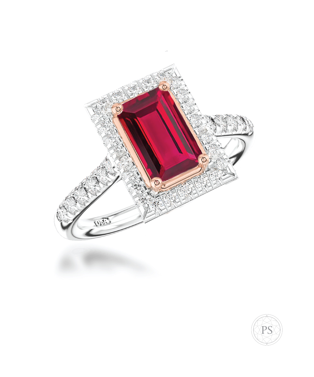 Baguette Cut Ruby & Diamond Halo Engagement Ring