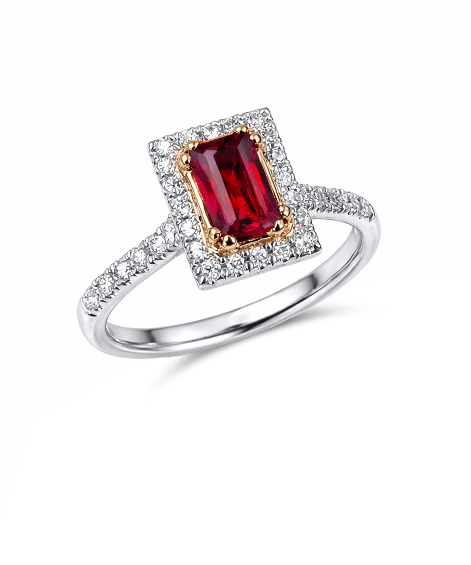 Platinum Baguette Cut Ruby & Diamond Halo Ring