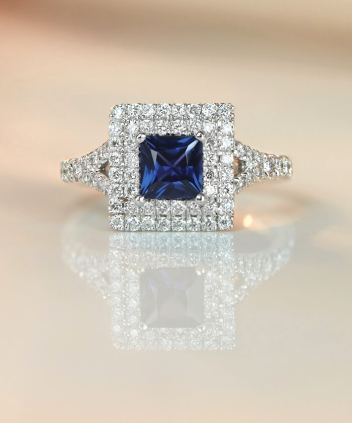 Platinum Sapphire & Diamond Double Halo Cocktail Ring