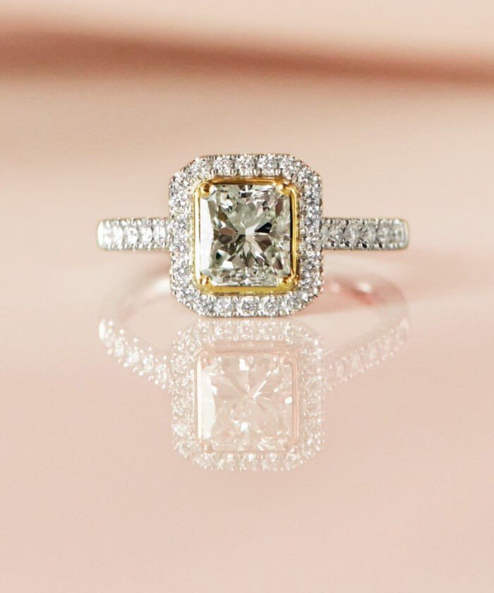 Radiant Cut Diamond Cluster Engagement Ring in Platinum & 18ct Yellow Gold
