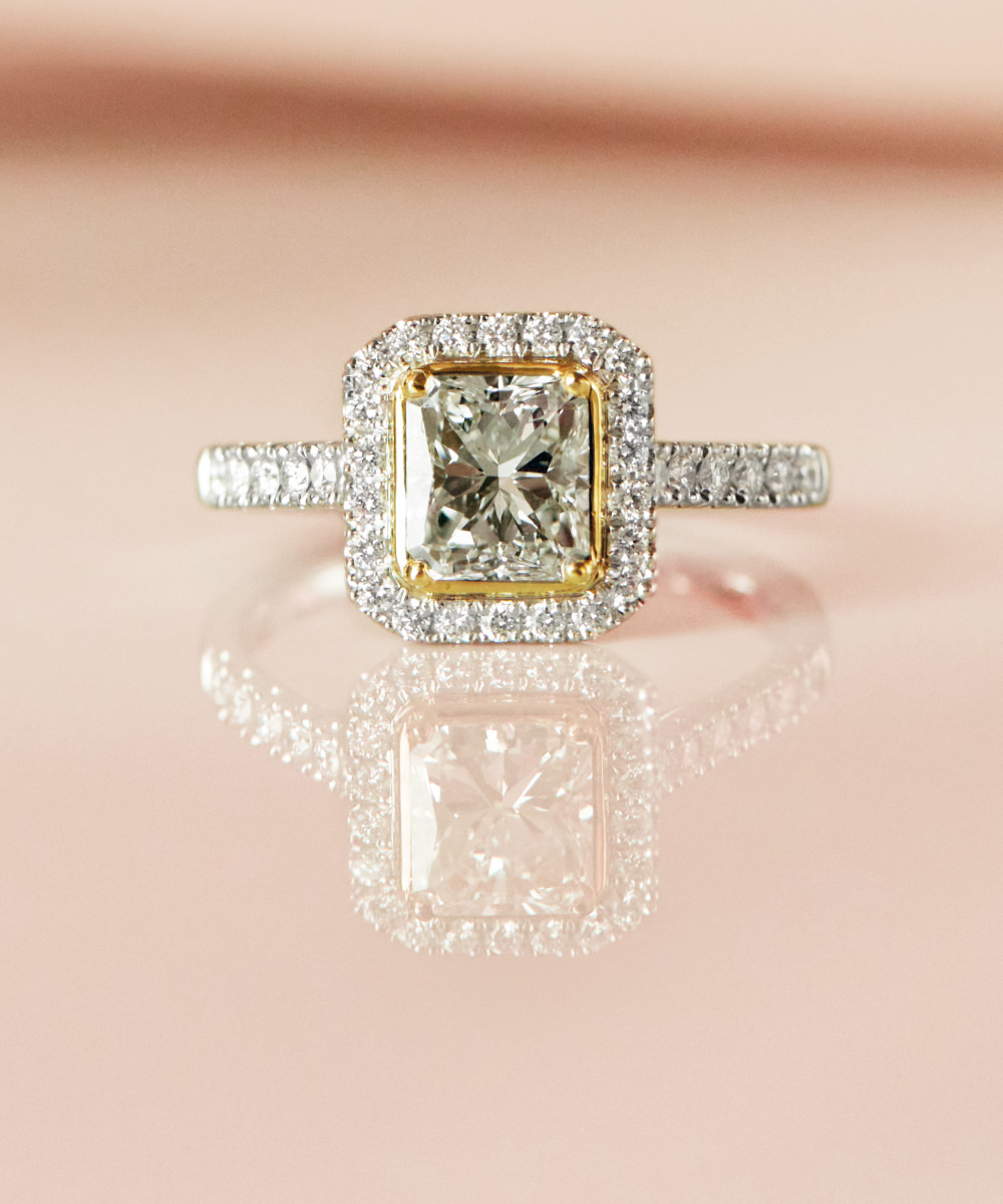 Radiant Cut Diamond Cluster Engagement Ring in Platinum & 18ct Yellow Gold