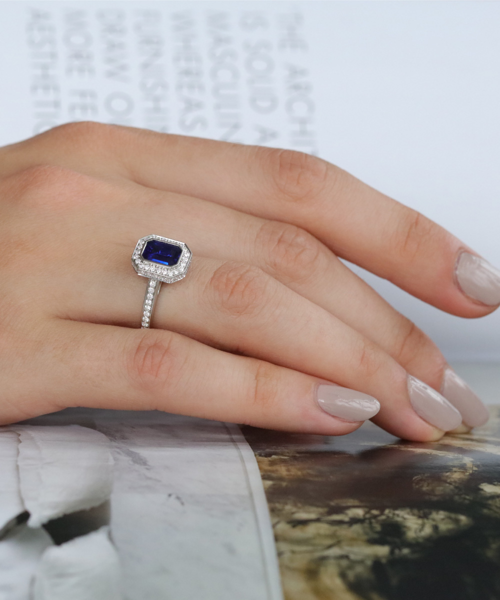 Sapphire & Diamond Luxe Halo Ring at Phillip Stoner The Jeweller