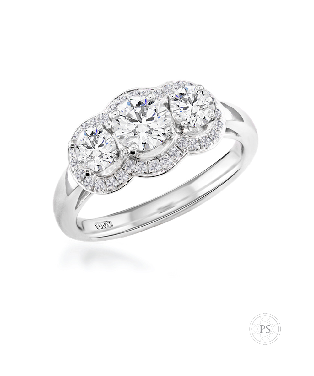 Three Stone Diamond Halo Engagement Ring