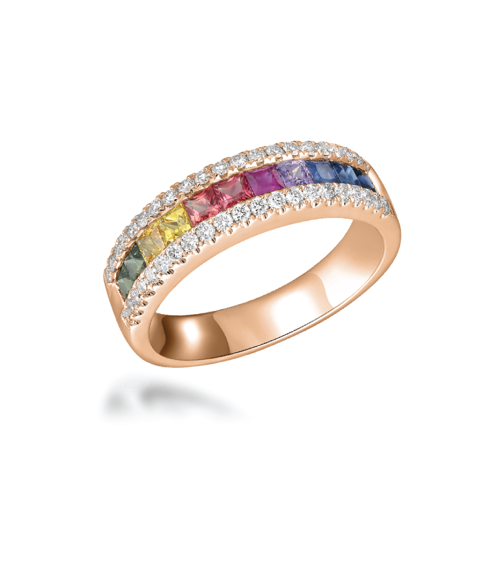 Rainbow Sapphire & Diamond Rose Gold Band