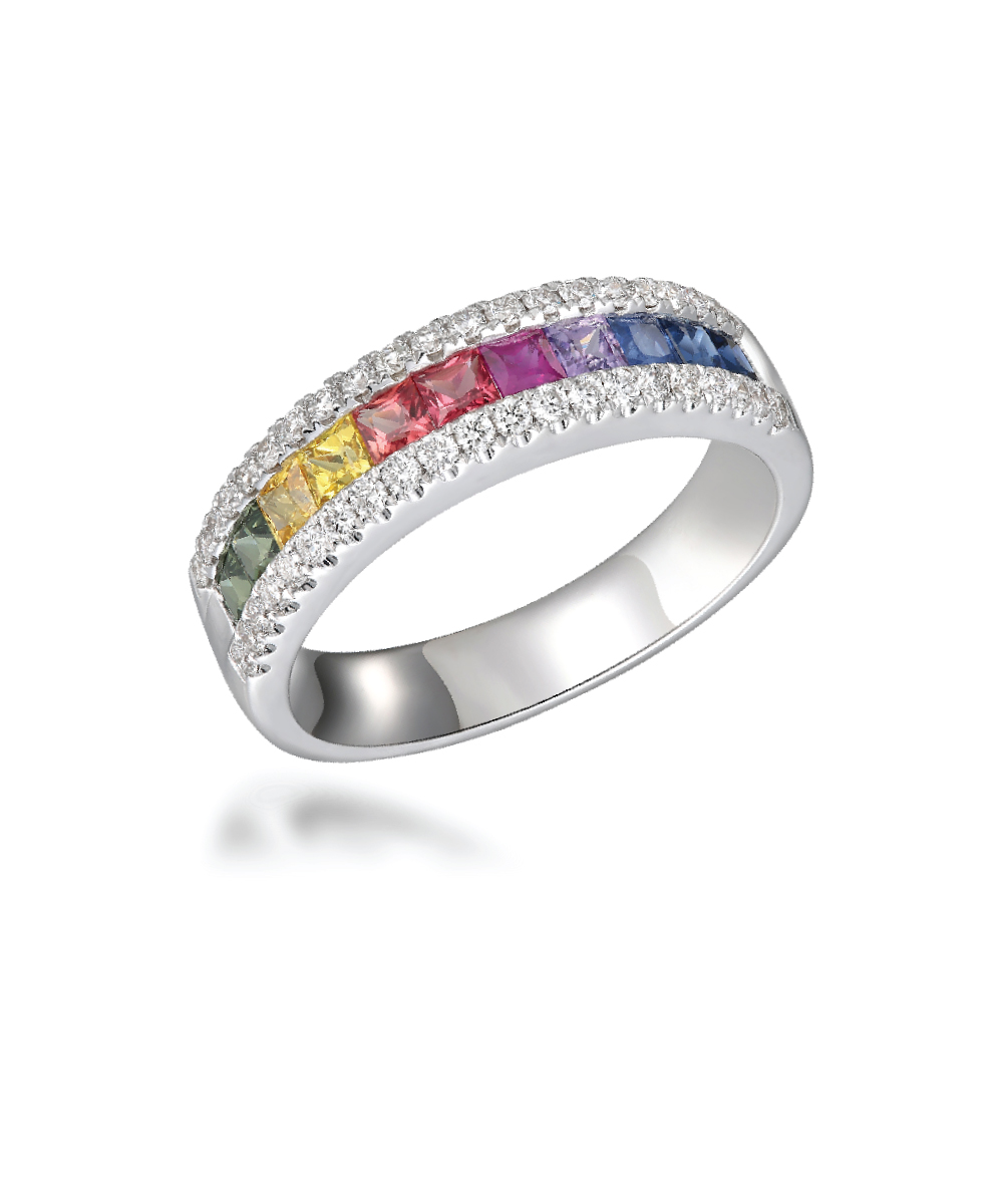 Rainbow Sapphire & Diamond White Gold Band