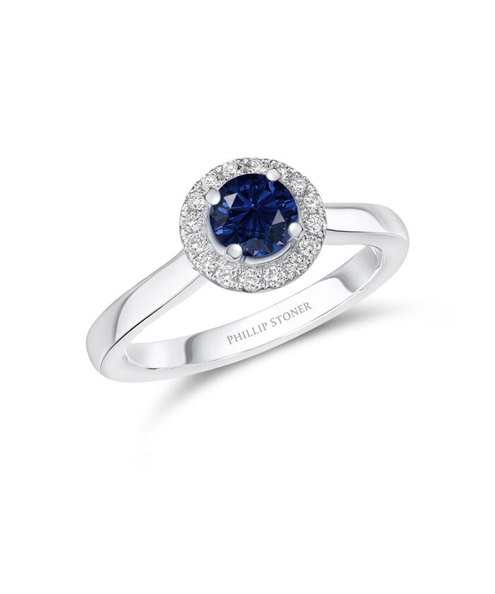 0.50ct Round Sapphire Halo Engagement Ring with Plain Shoulders - Phillip Stoner The Jeweller