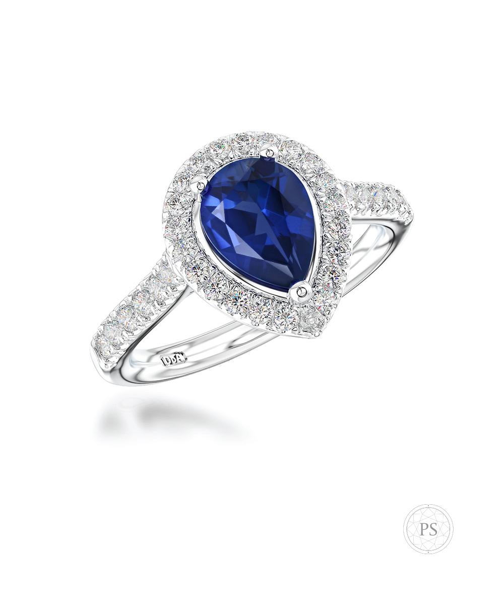Pear Cut Sapphire & Diamond Halo Engagement Ring