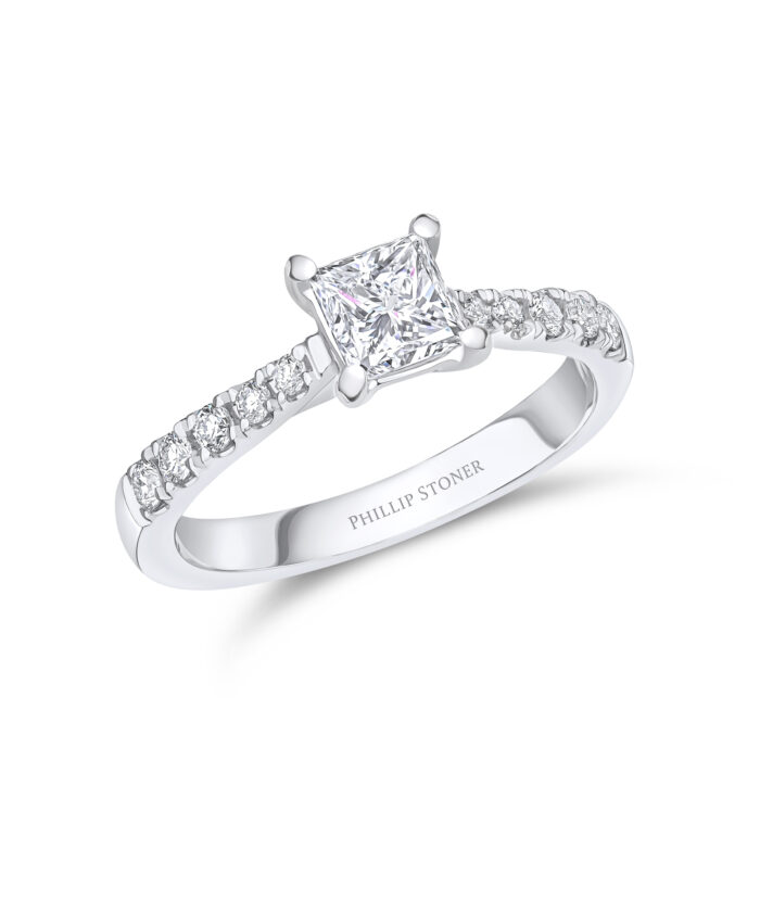 0.70ct Princess Cut Diamond Engagement Ring with Scallop Set Shoulders - Phillip Stoner The Jeweller
