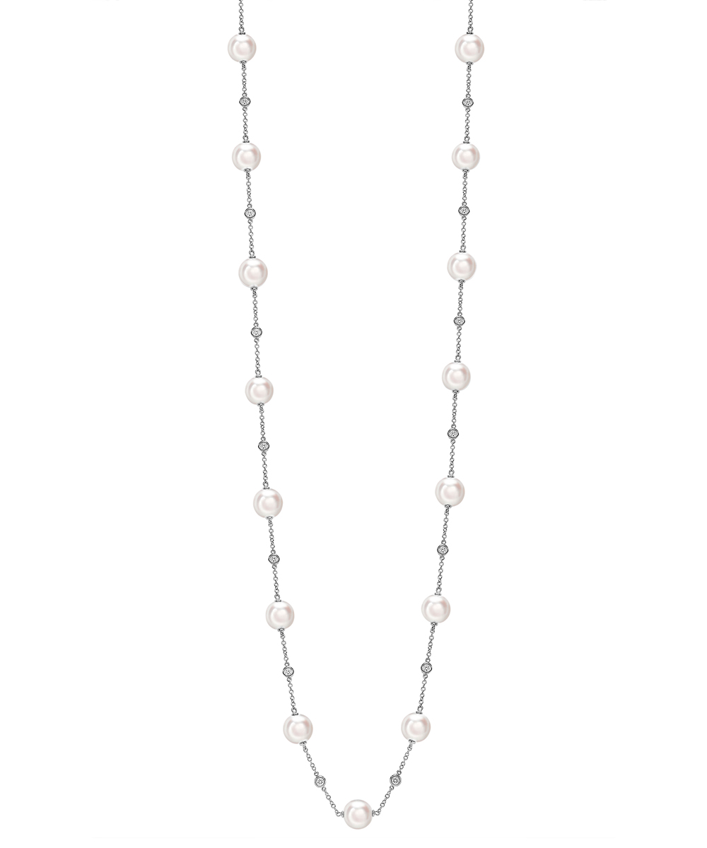 Long Pearl & Diamond Necklace in 18ct White Gold