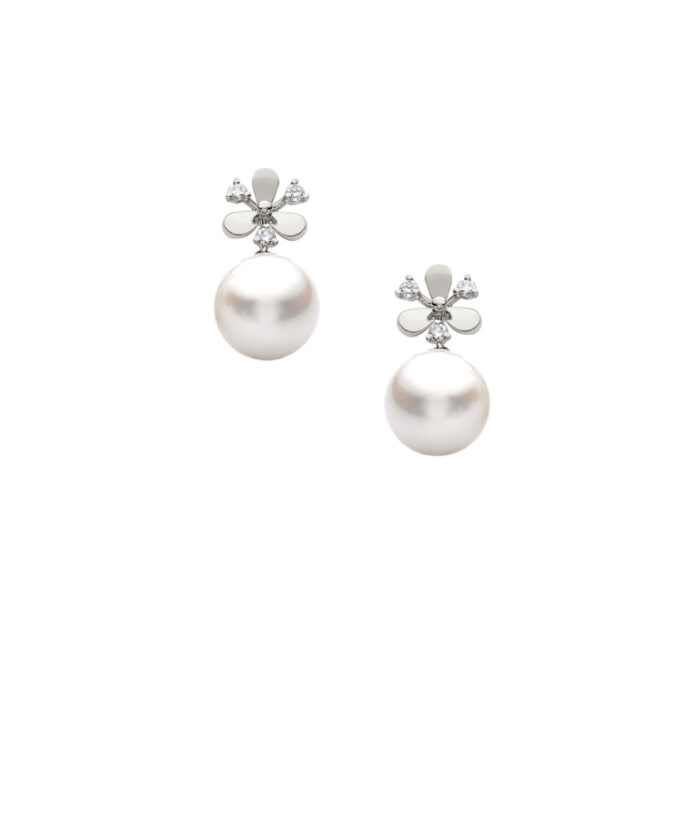 White Gold Floral Pearl Diamond Earrings
