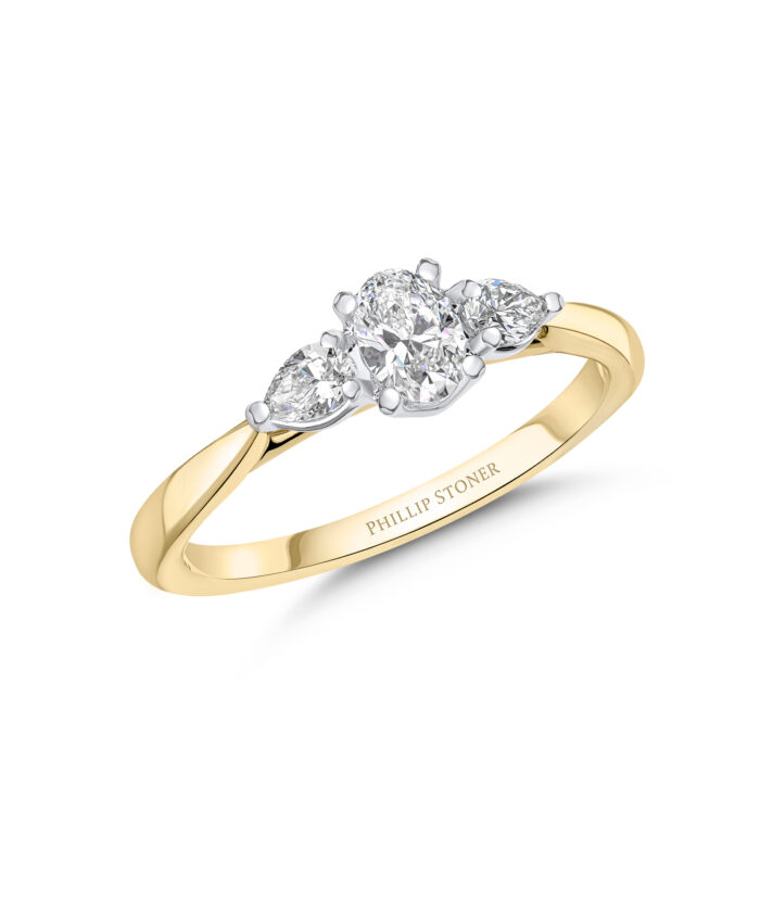 0.30ct Oval & Pear Cut Diamond Yellow Gold Three Stone Engagement Ring - Phillip Stoner The Jeweller