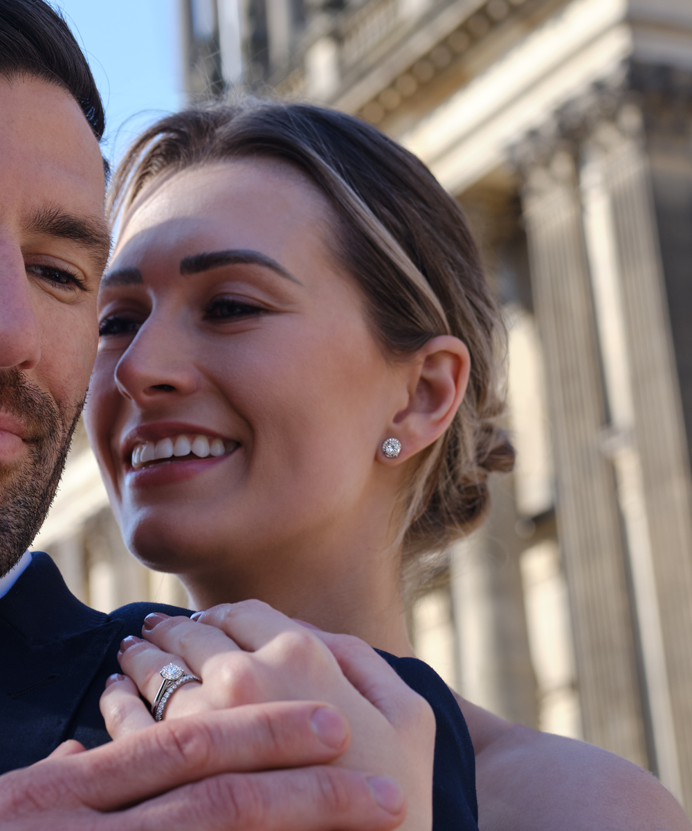 Platinum Round Brilliant Cut Diamond Halo Earrings & Solitaire Engagement Ring - Phillip Stoner The Jeweller