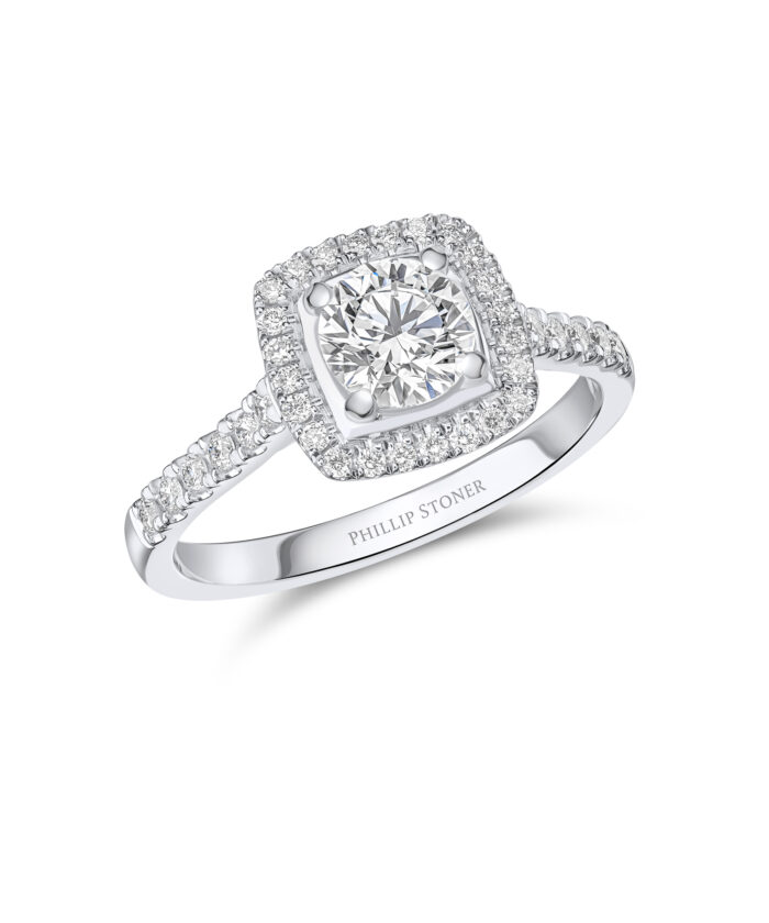 0.70ct Round Brilliant Diamond Cushion Halo Ring - Phillip Stoner The Jeweller