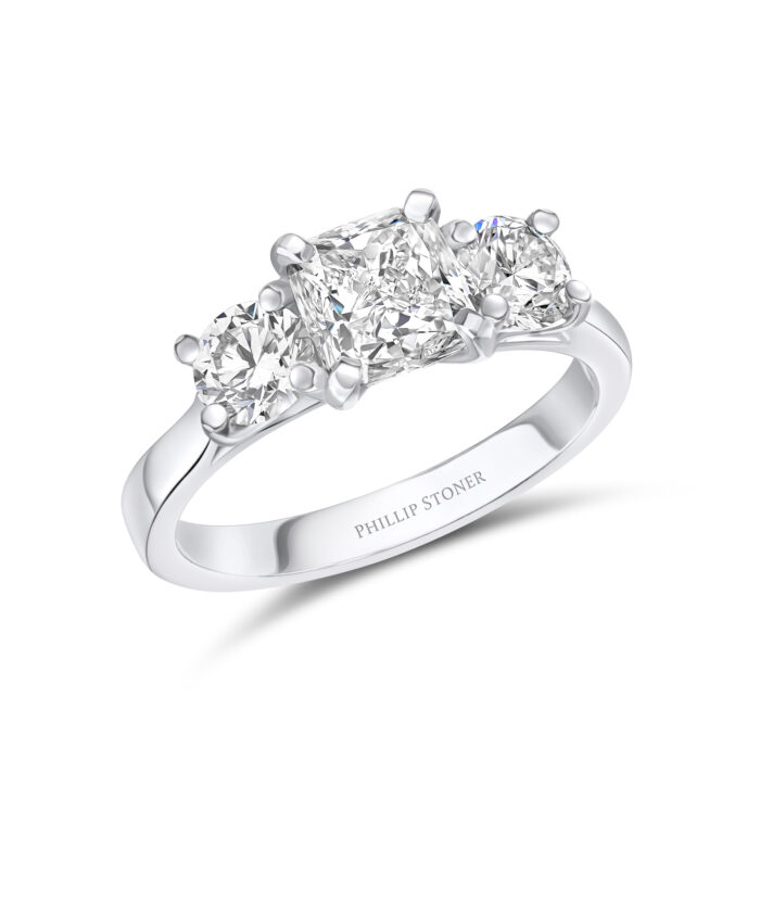 1.50ct Cushion & Round Cut Three Stone Diamond Engagement Ring - Phillip Stoner The Jeweller