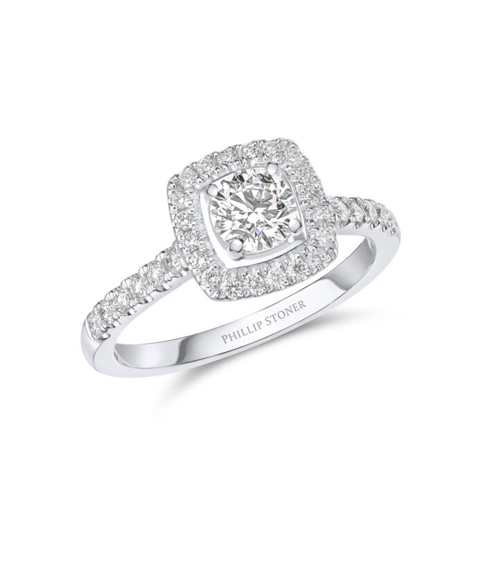 0.50ct Round Brilliant Diamond Cushion Halo Ring - Phillip Stoner The Jeweller