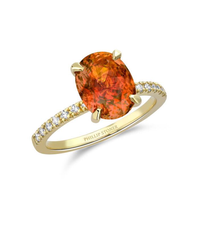 Orange Sapphire Oval Cut Diamond Set Nova Yellow Gold Ring - Phillip Stoner The Jeweller