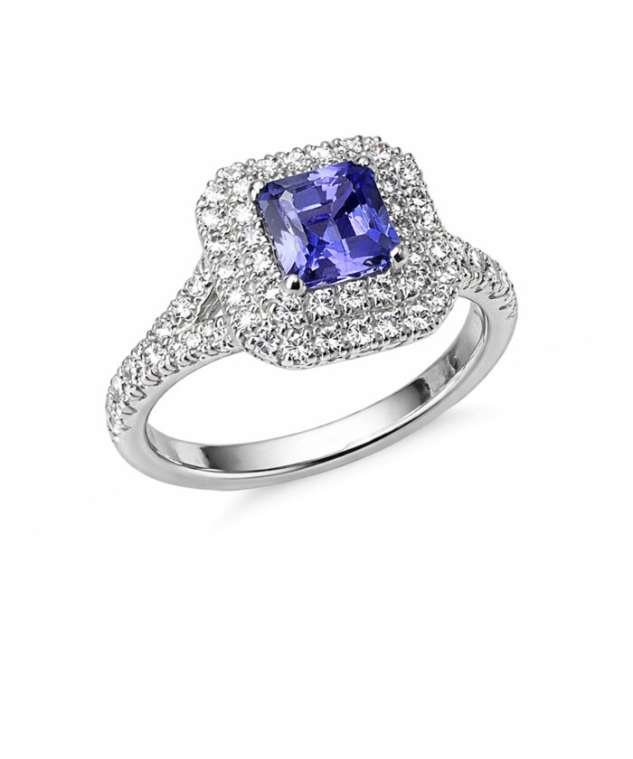 Tanzanite & Diamond Double Halo Cocktail Ring with Split Shank
