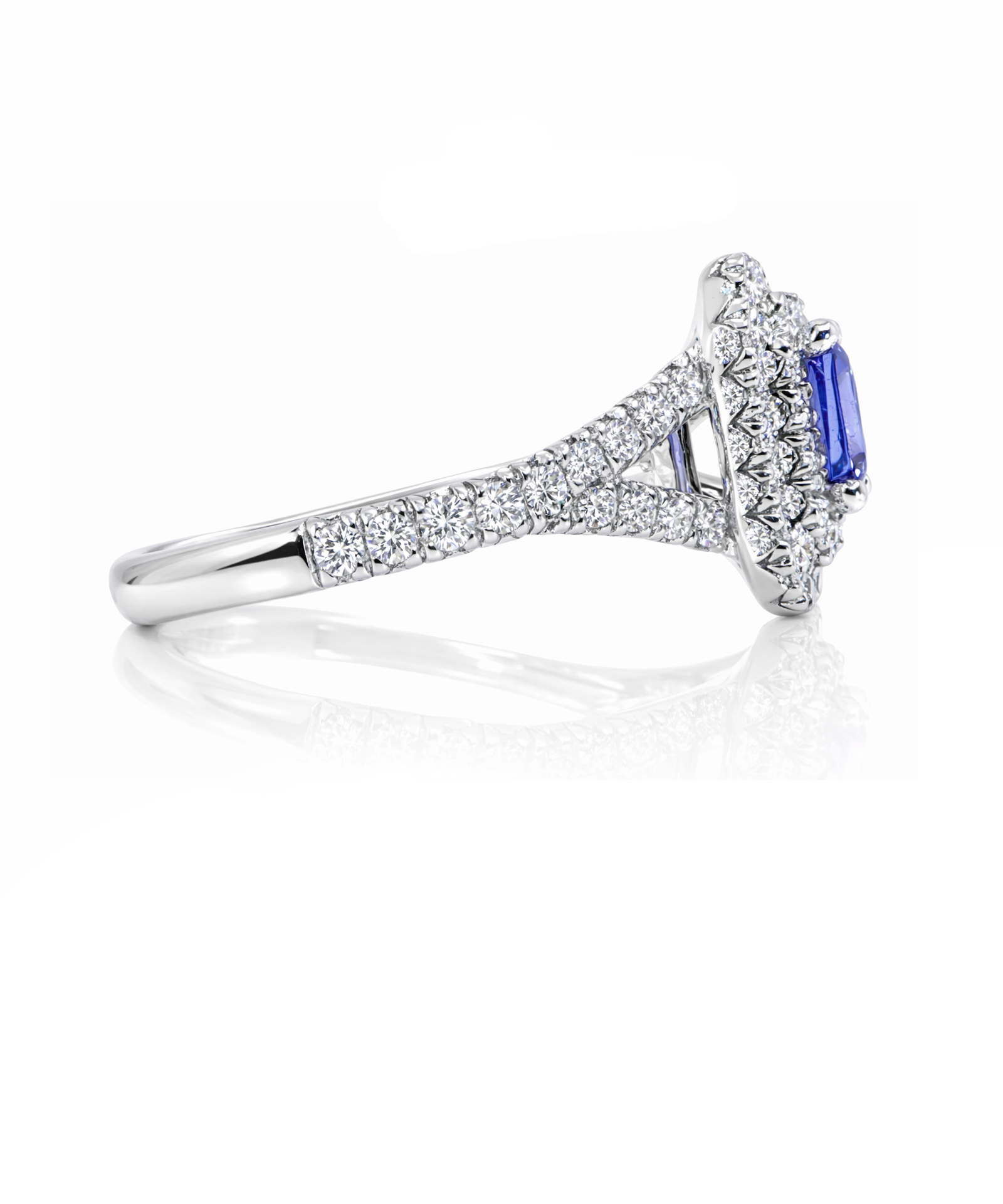Tanzanite & Diamond Double Halo Cocktail Ring with Split Shank - Side Detail