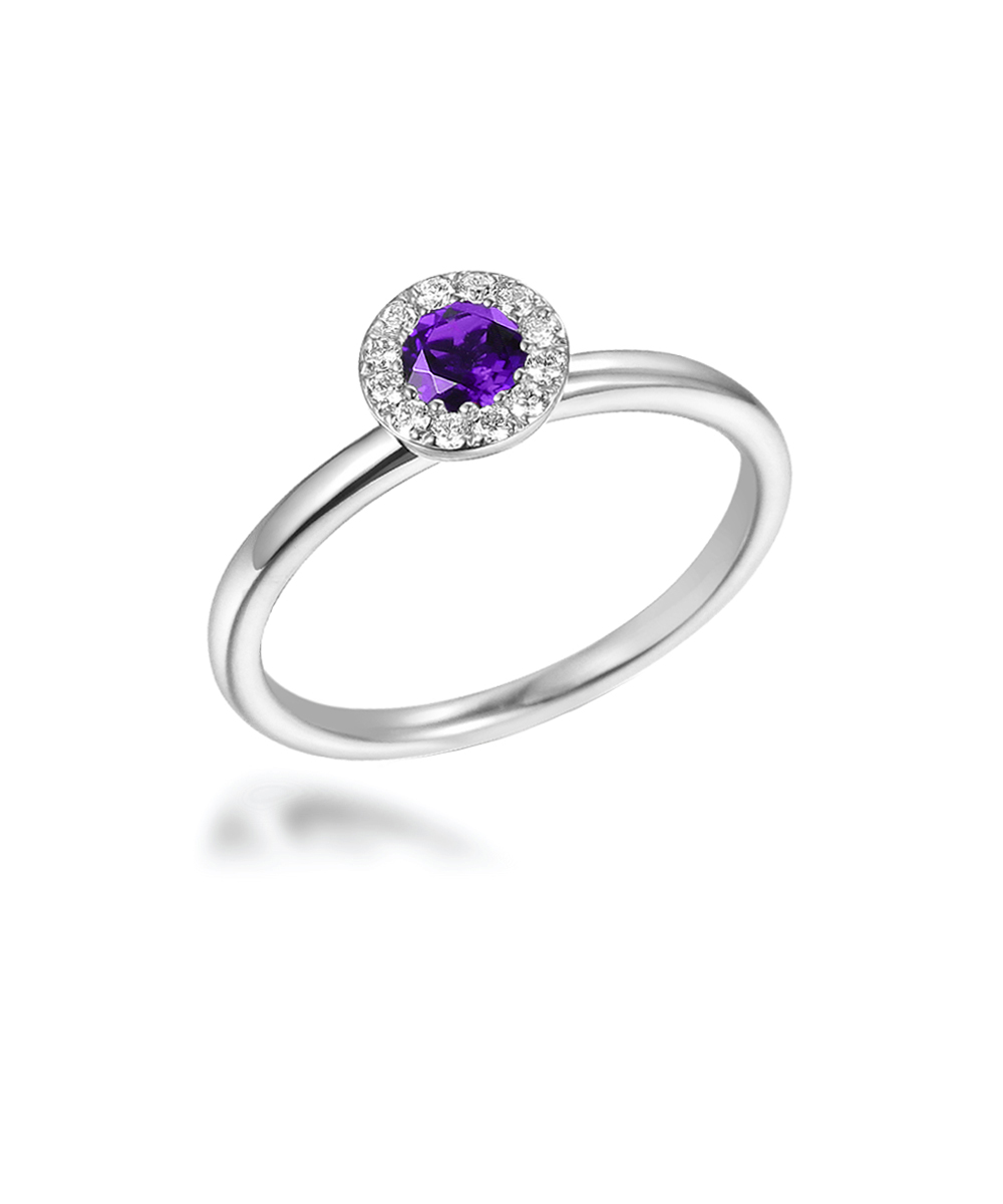 February Birthstone - Amethyst & Diamond Halo Birthstone Ring