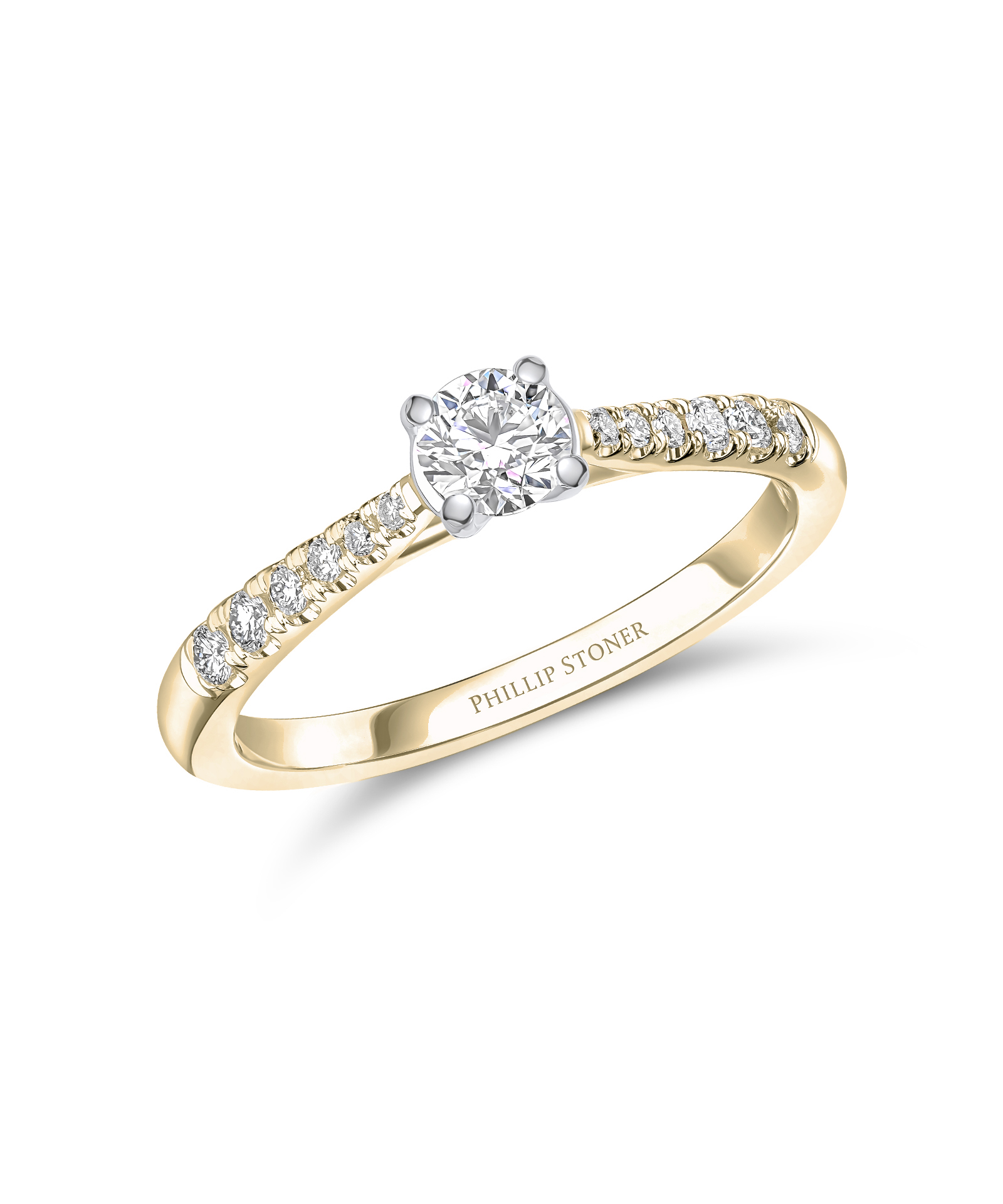 0.30ct Round Brilliant Cut Diamond Yellow Gold Engagement Ring with Scallop Set Shoulders - Phillip Stoner The Jeweller