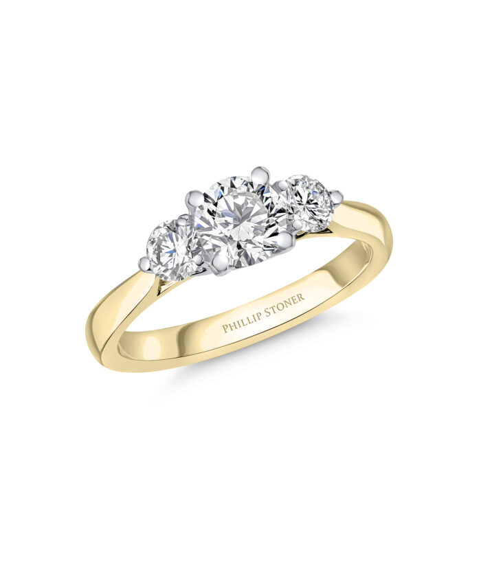 0.70ct Round Brilliant Cut Diamond Yellow Gold Trilogy Ring - Phillip Stoner The Jeweller