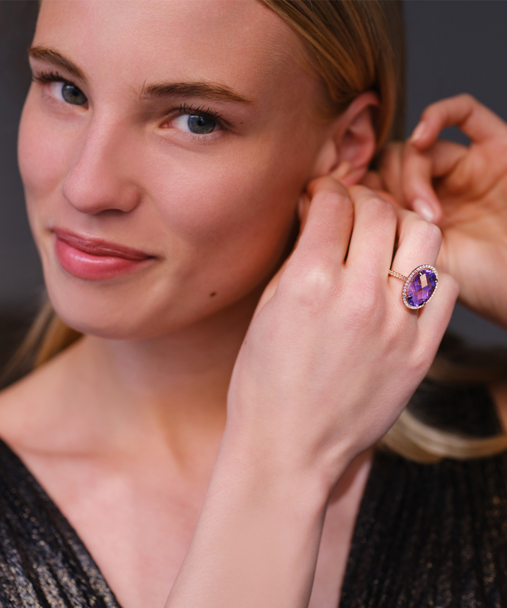 18ct Rose Gold Amethyst & Diamond Cocktail Ring - Phillip Stoner The Jeweller