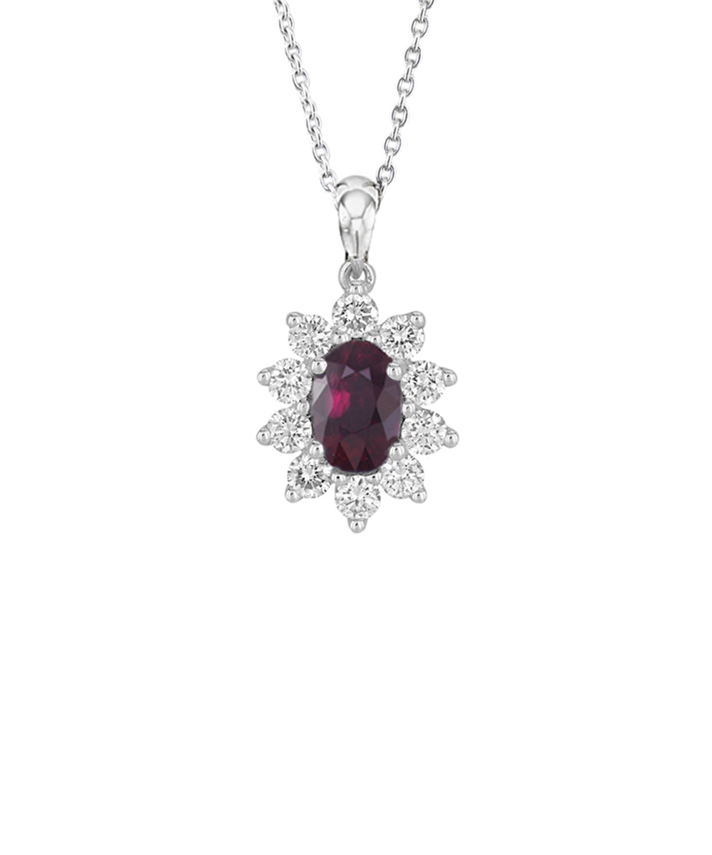 18ct White Gold Ruby & Diamond Cluster Pendant