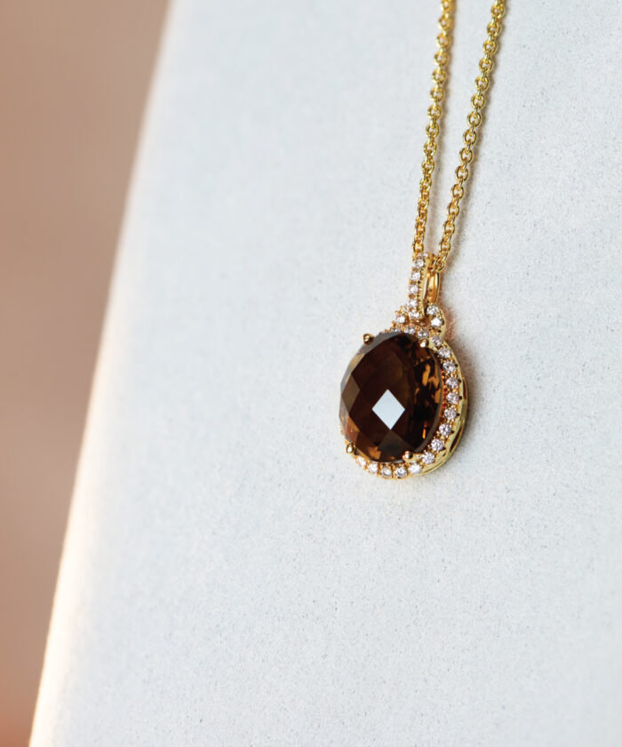 18ct Yellow Gold Oval Whisky Quartz & Diamond Pendant