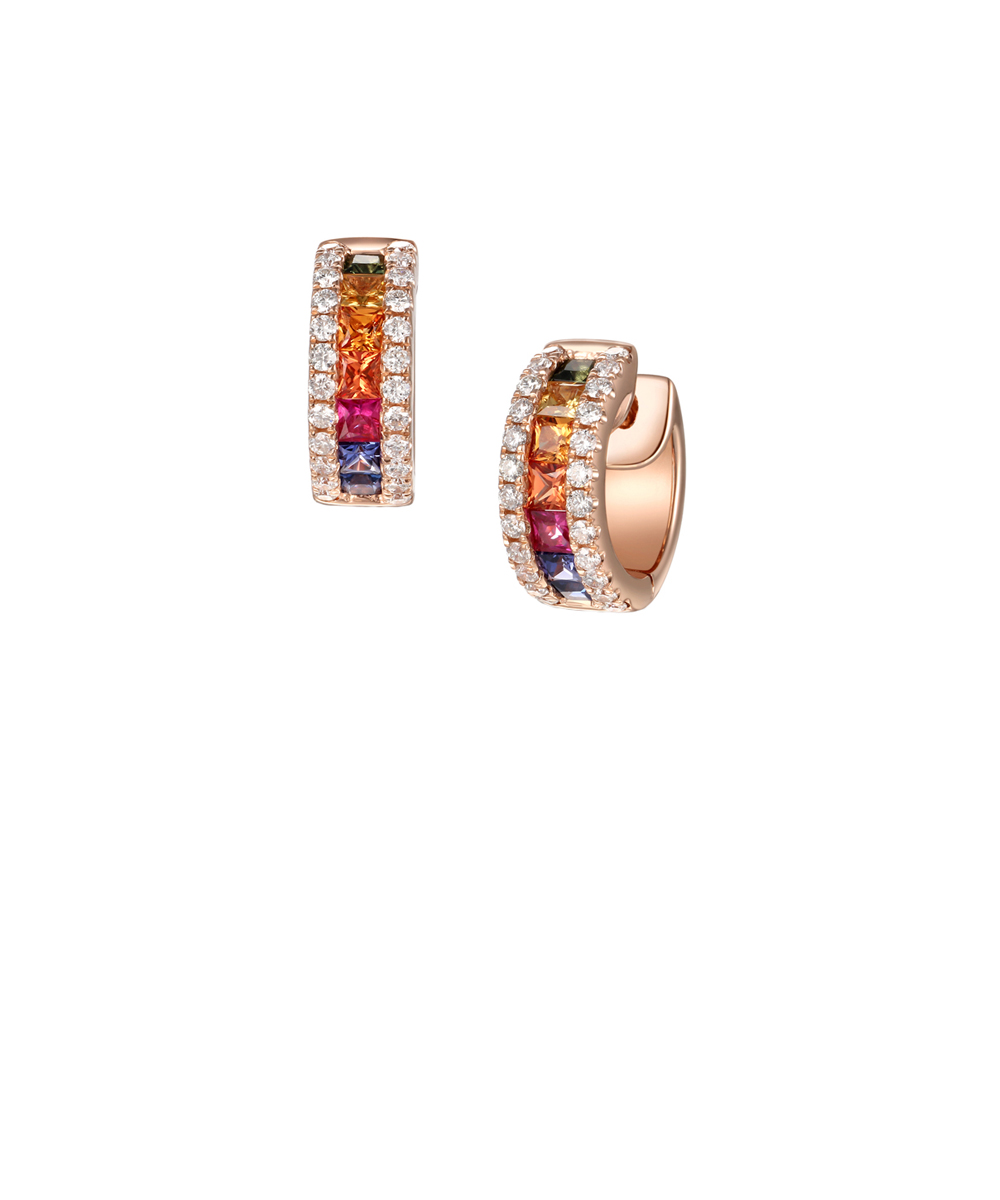 18ct Rose Gold Rainbow Sapphire & Diamond Hoop Earrings