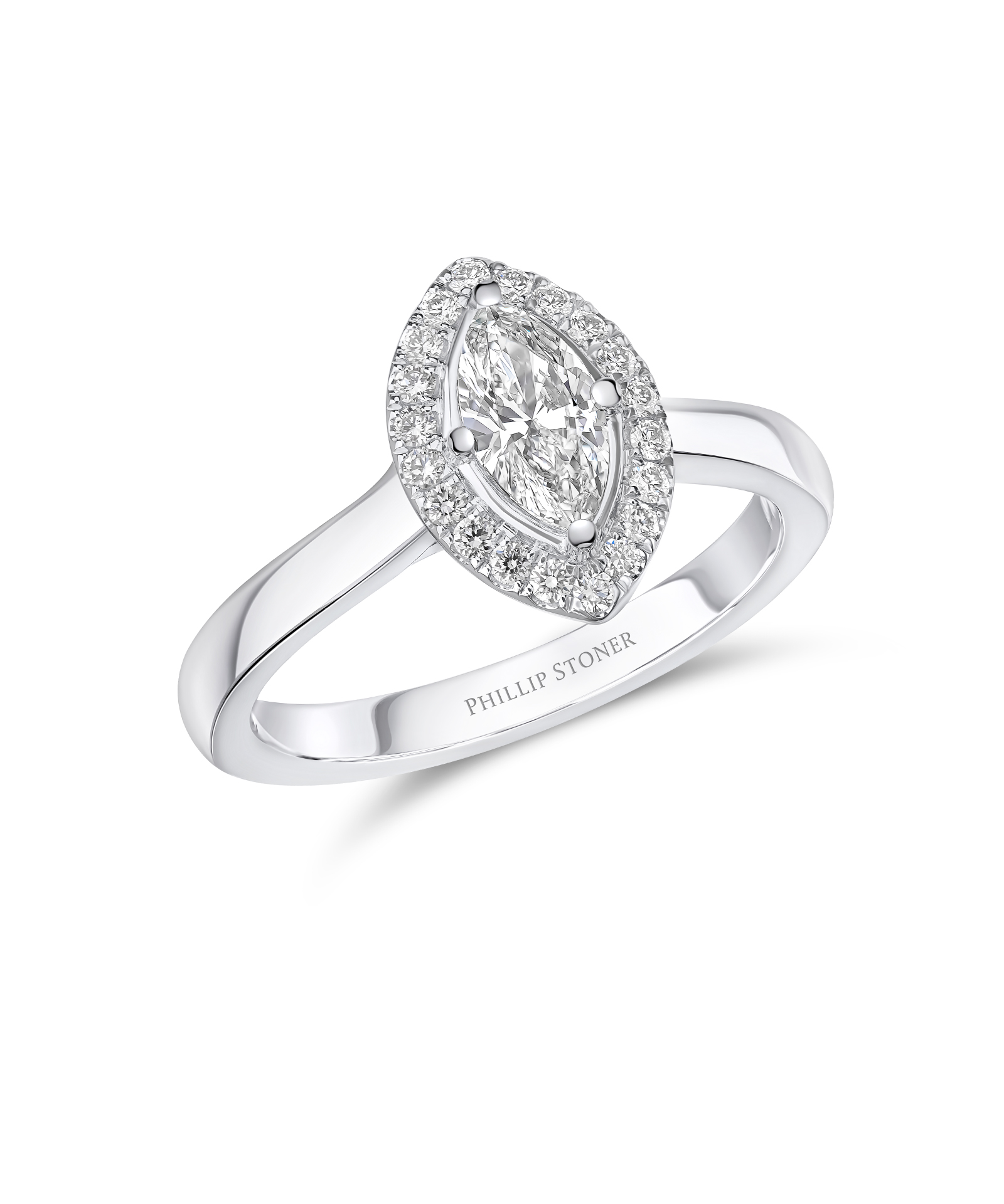 0.50ct Marquise Cut Diamond Halo Engagement Ring with Plain Shoulders - Phillip Stoner The Jeweller