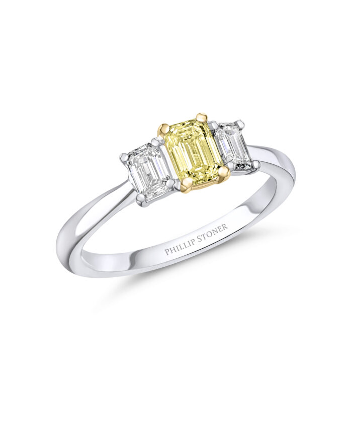 0.50ct Emerald Cut Yellow Diamond Trilogy Engagement Ring - Phillip Stoner The Jeweller