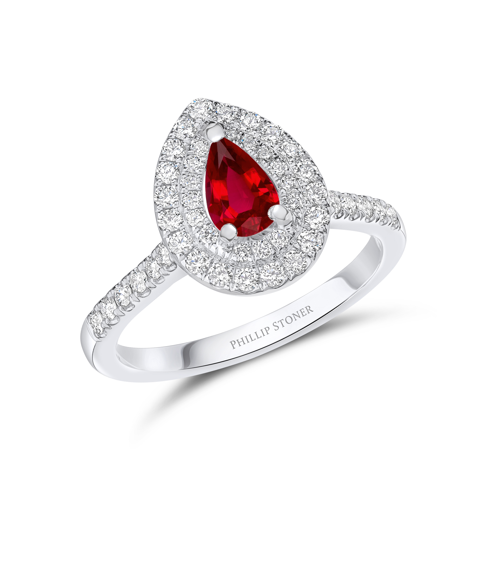 0.60ct Pear Cut Illusion Set Ruby & Diamond Halo Ring - Phillip Stoner The Jeweller
