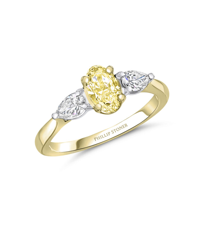 0.70ct Oval & Pear Cut Yellow Diamond Three Stone Ring - Phillip Stoner The Jeweller