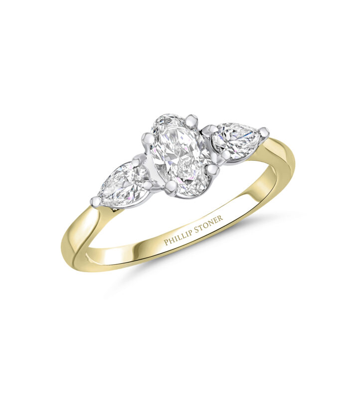 0.70ct Oval & Pear Cut Yellow Gold Three Stone Ring - Phillip Stoner The Jeweller