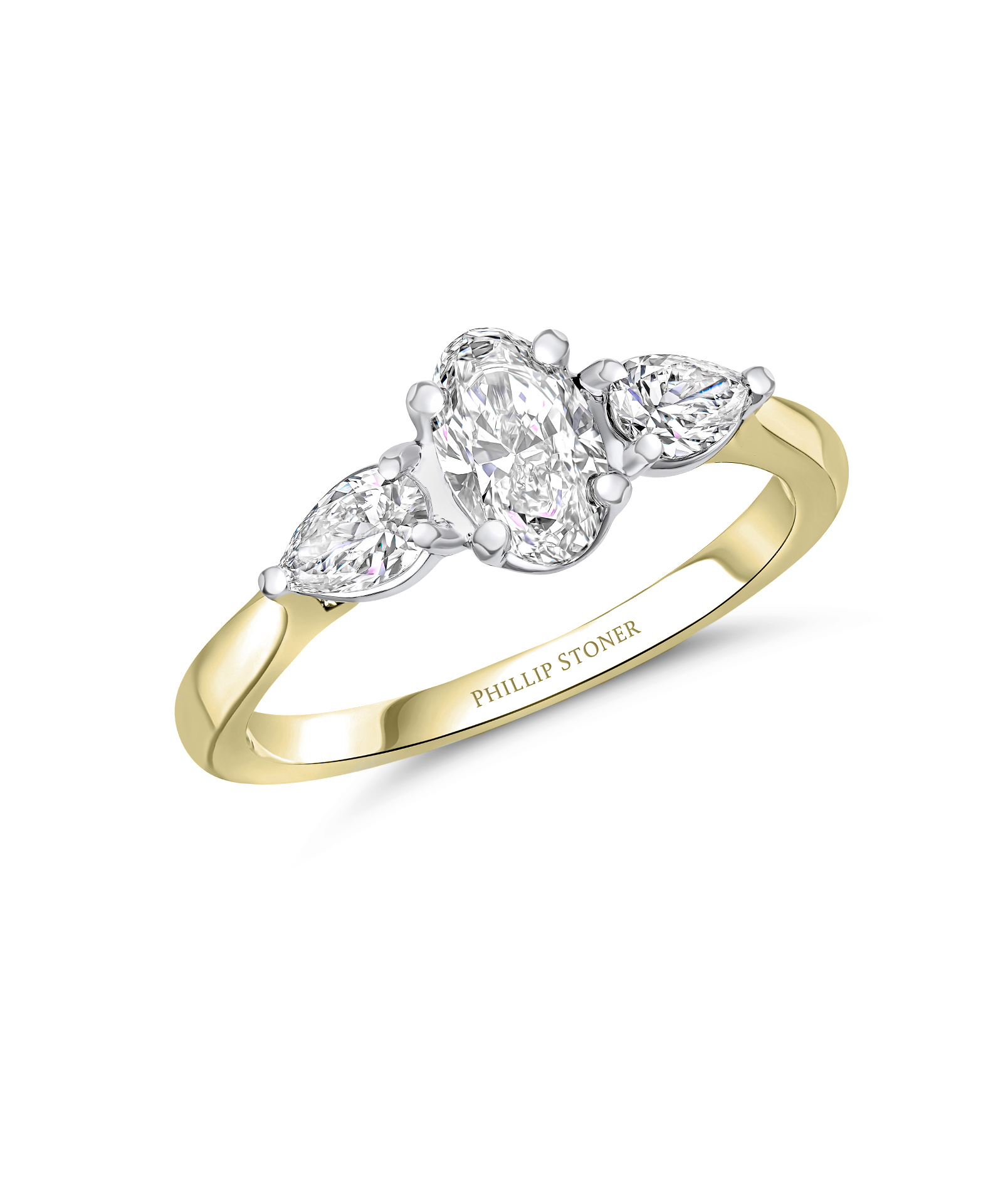 0.70ct Oval & Pear Cut Yellow Gold Three Stone Ring - Phillip Stoner The Jeweller