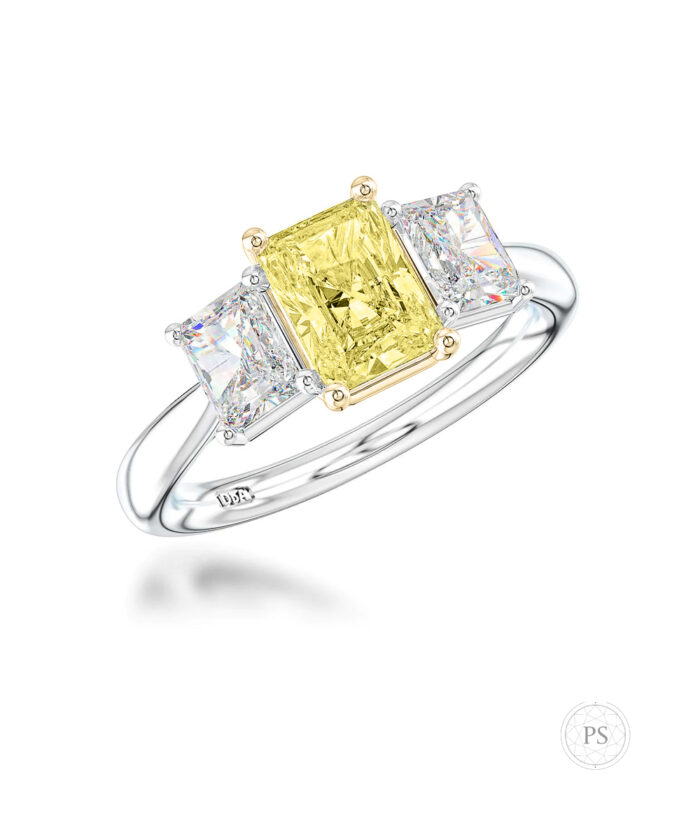0.70ct Radiant Cut Yellow Diamond Trilogy Ring