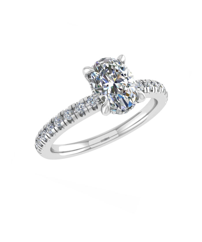 Oval Cut Lab Grown Diamond Platinum Engagement Ring with Diamond Set Shoulders