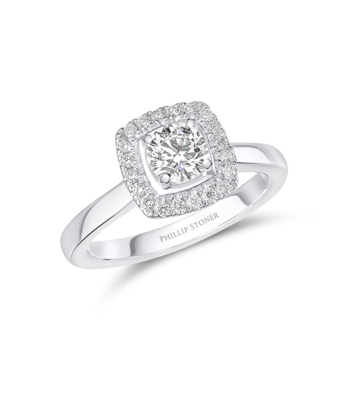 0.50ct Round Diamond Ring with Cushion Halo and Plain Shoulders