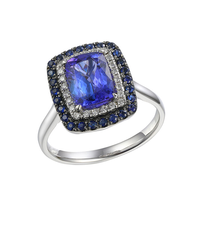 Cushion Cut Tanzanite & Sapphire Double Halo Ring