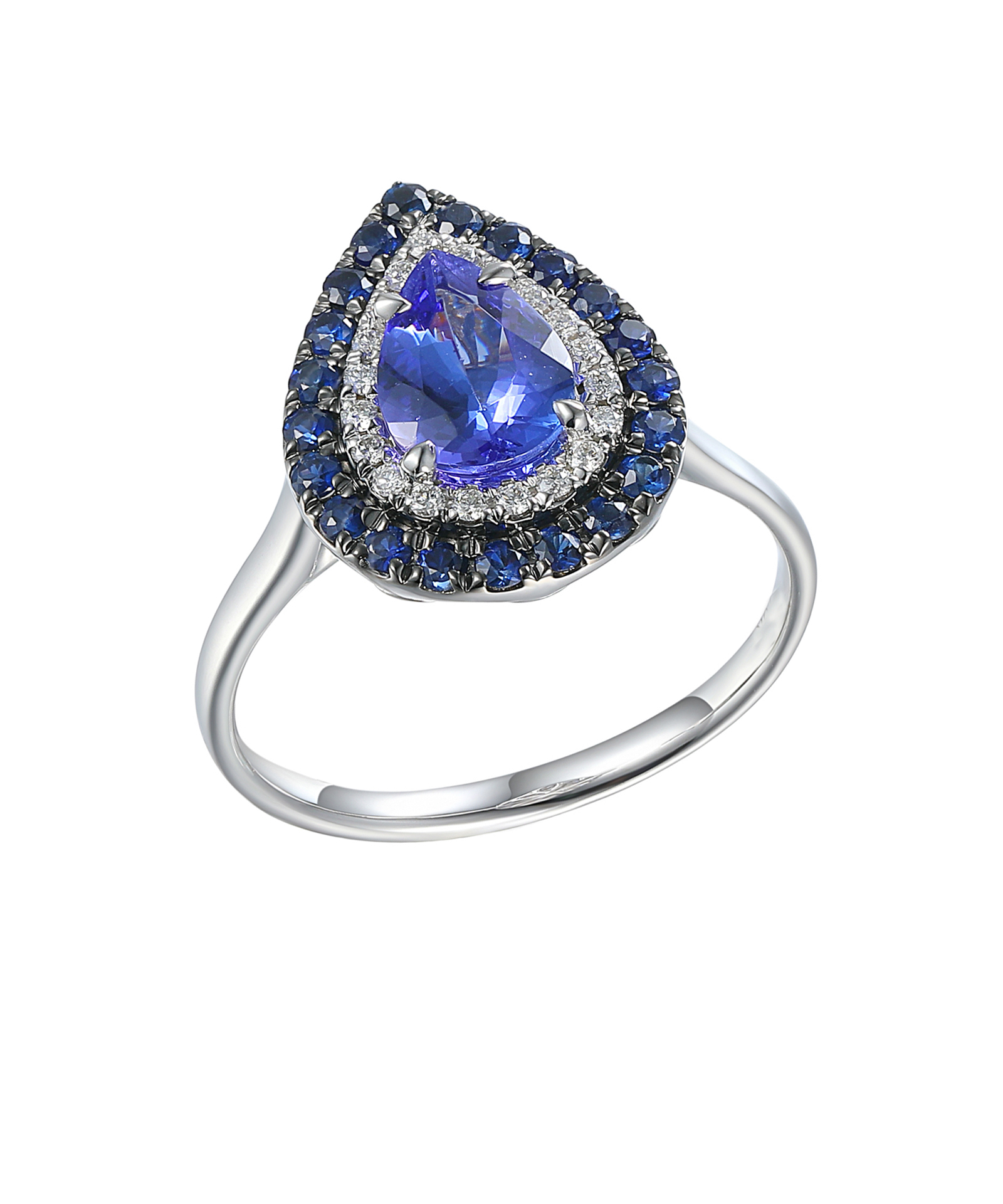 Pear Cut Tanzanite & Sapphire Double Halo Ring