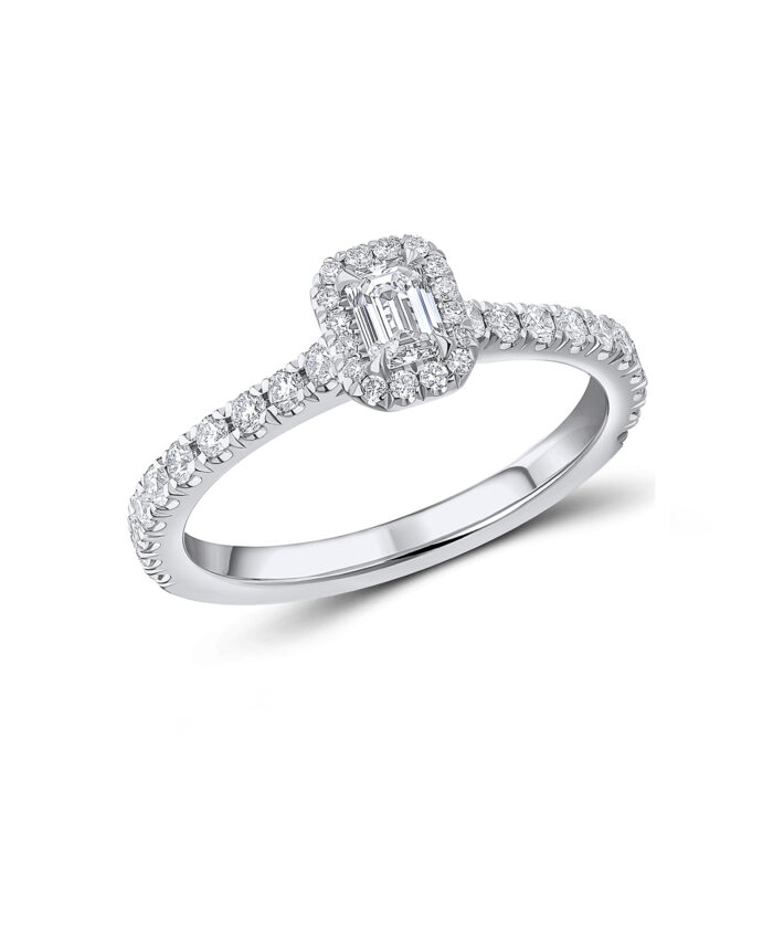 0.30ct Emerald Cut Diamond Oyster Halo Platinum Engagement Ring