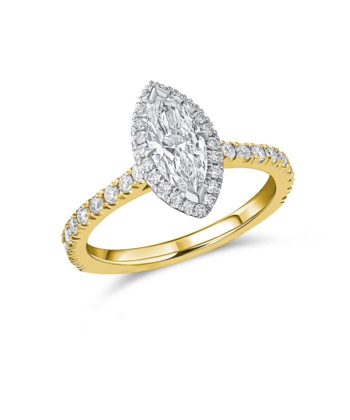 0.70ct Marquise Cut Diamond Oyster Yellow Gold Halo Engagement Ring